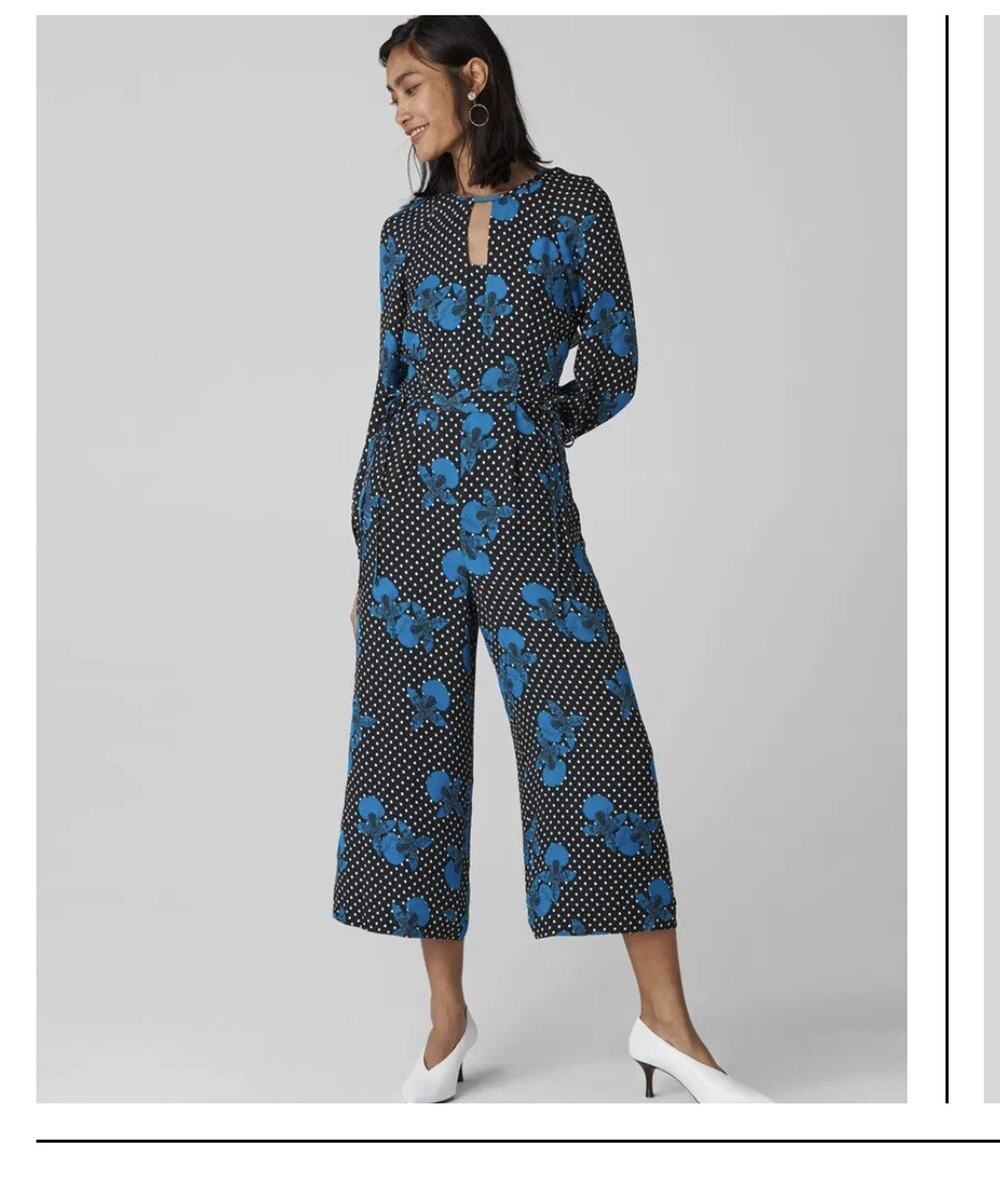 Whistles Kira Spot Floral Silk Wide Leg Jumpsuit Silk Polka Dot Open Back NWOT